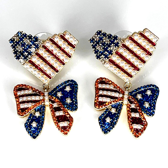 BaubleBar Patriotic EARRINGS Dangle Drop Red White Blue Bows Hearts Pearl USA - Picture 7 of 8